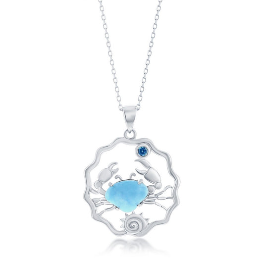 Sterling Silver, Larimar Crab & Blue CZ Pendant