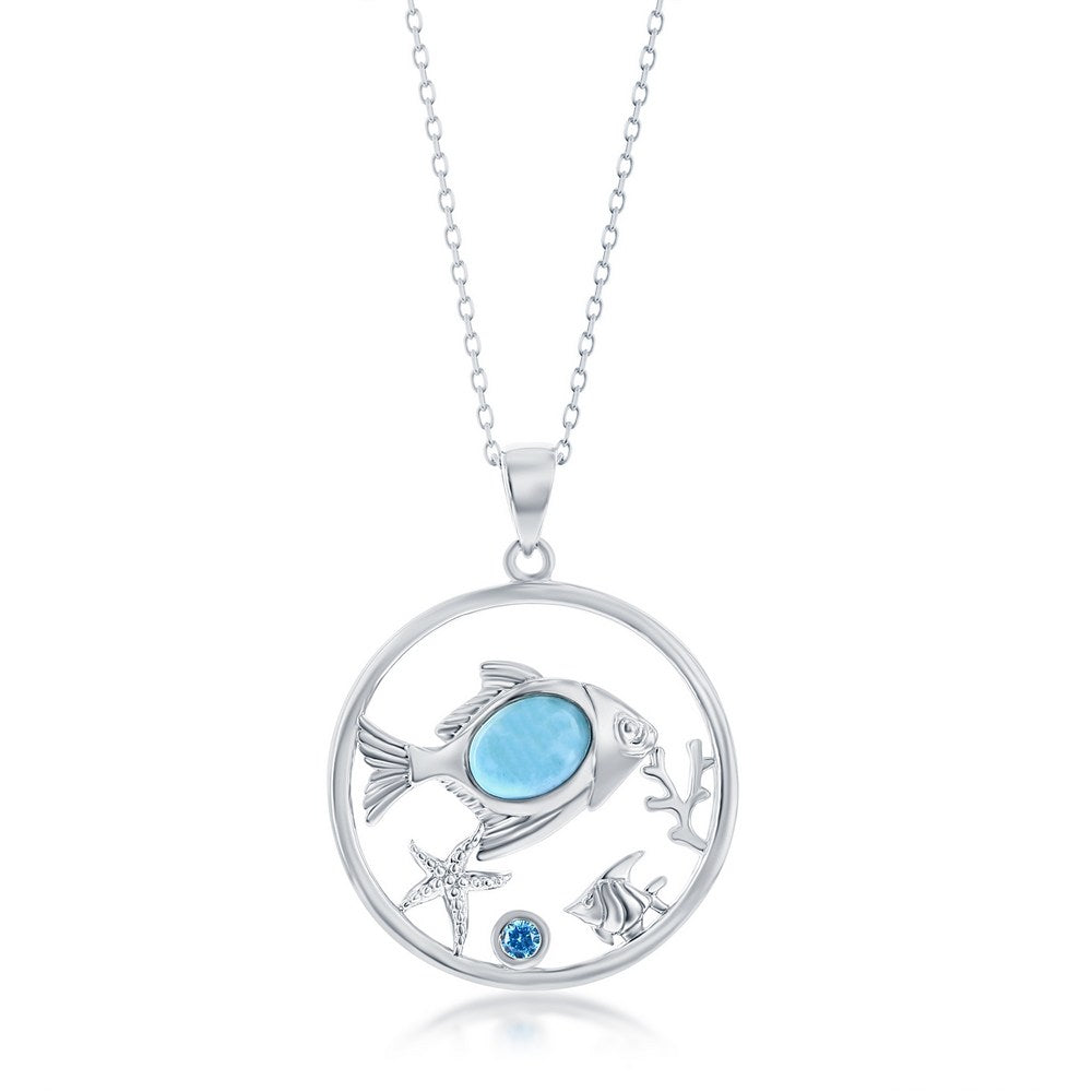 Sterling Silver, Larimar Fish w/Starfish, Coral & Blue CZ Pendant
