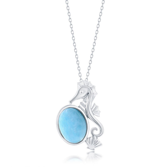 Sterling Silver, Seahorse, Seashell & Oval Larimar Pendant