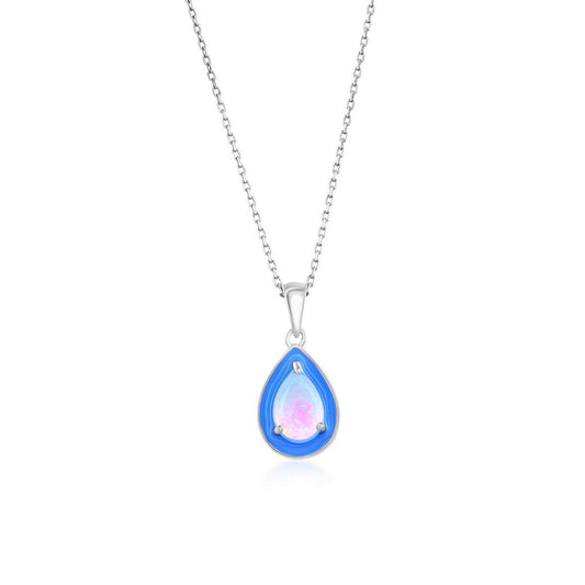 Sterling Silver, White Opal & Blue Enamel Pearshaped Pendant
