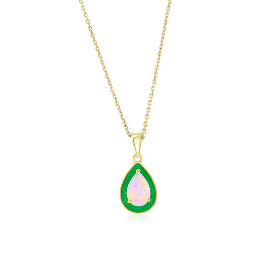 Sterling Silver, White Opal & Green Enamel Pearshaped Pendant - Gold Plated