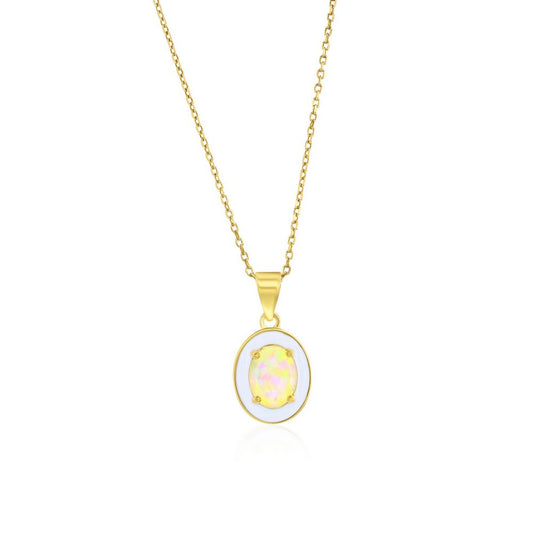 Sterling Silver, White Opal & Enamel Oval Pendant - Gold Plated