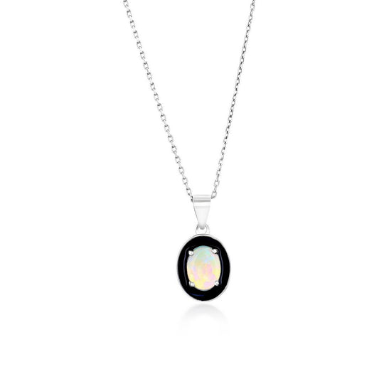 Sterling Silver, White Opal & Black Enamel Oval Pendant