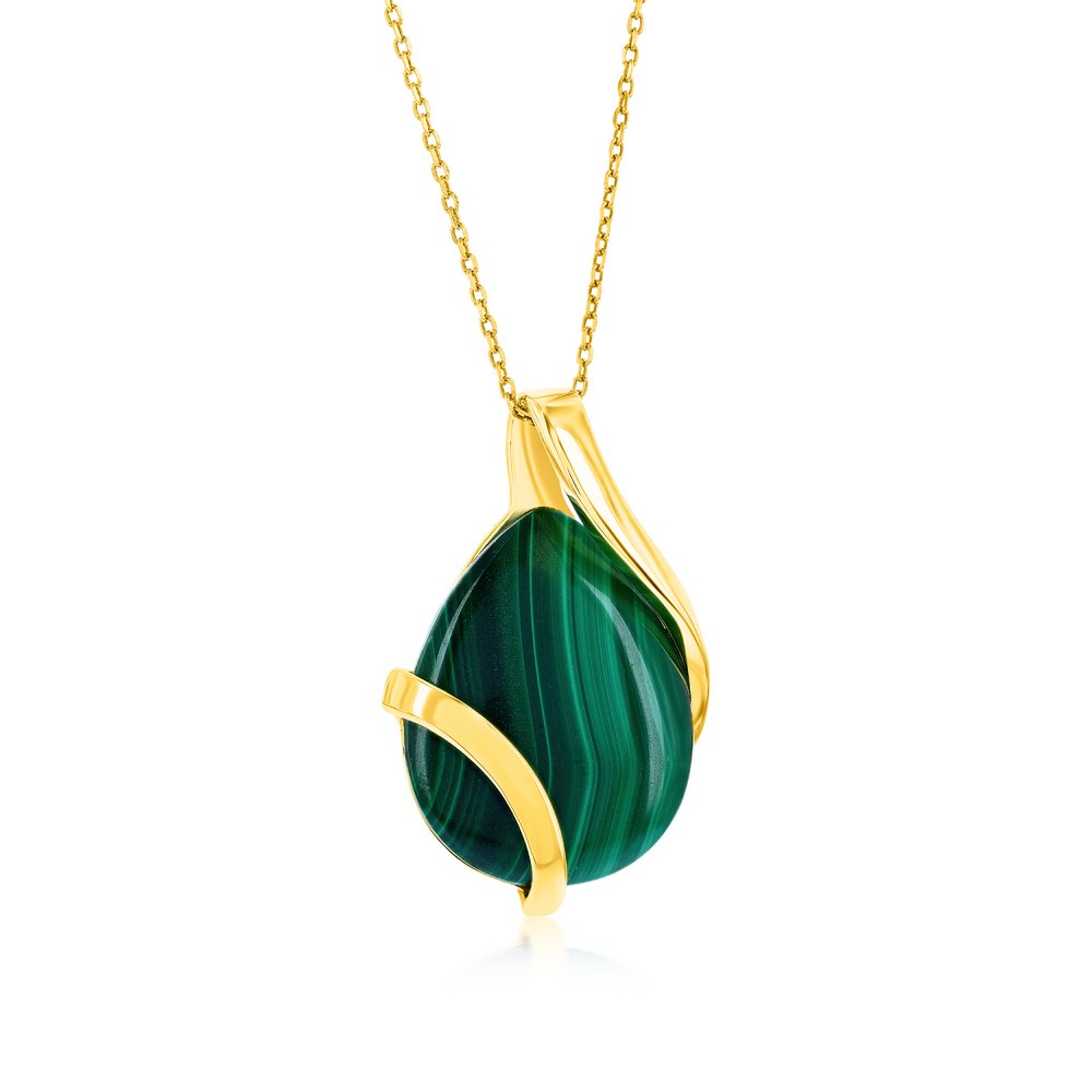 Sterling Silver, Large Pear-Shaped Malachite Pendant - Gold Plated