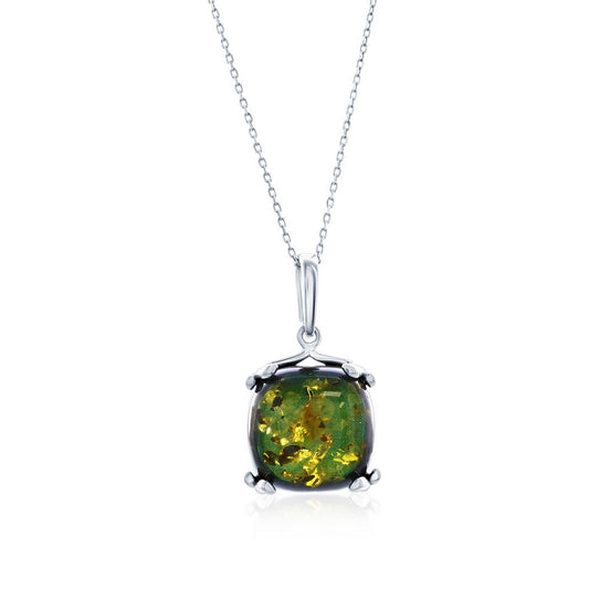 Sterling Silver, Green Amber Square Pendant