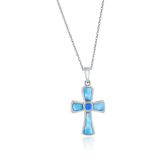 Sterling Silver, Larimar Cross w/Blue CZ Pendant