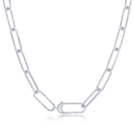 Sterling Silver, Alternating Rope Design & Polished Paperclip Necklace