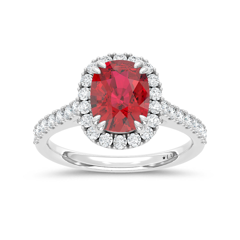 14K White Gold Lab Grown Diamond 3 5/8 CT Cushion Shape Recrystalized Ruby Engagement Ring (Center 3 ct)