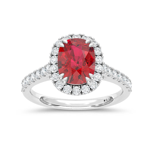 14K White Gold Lab Grown Diamond 3 5/8 CT Cushion Shape Recrystalized Ruby Engagement Ring (Center 3 ct)