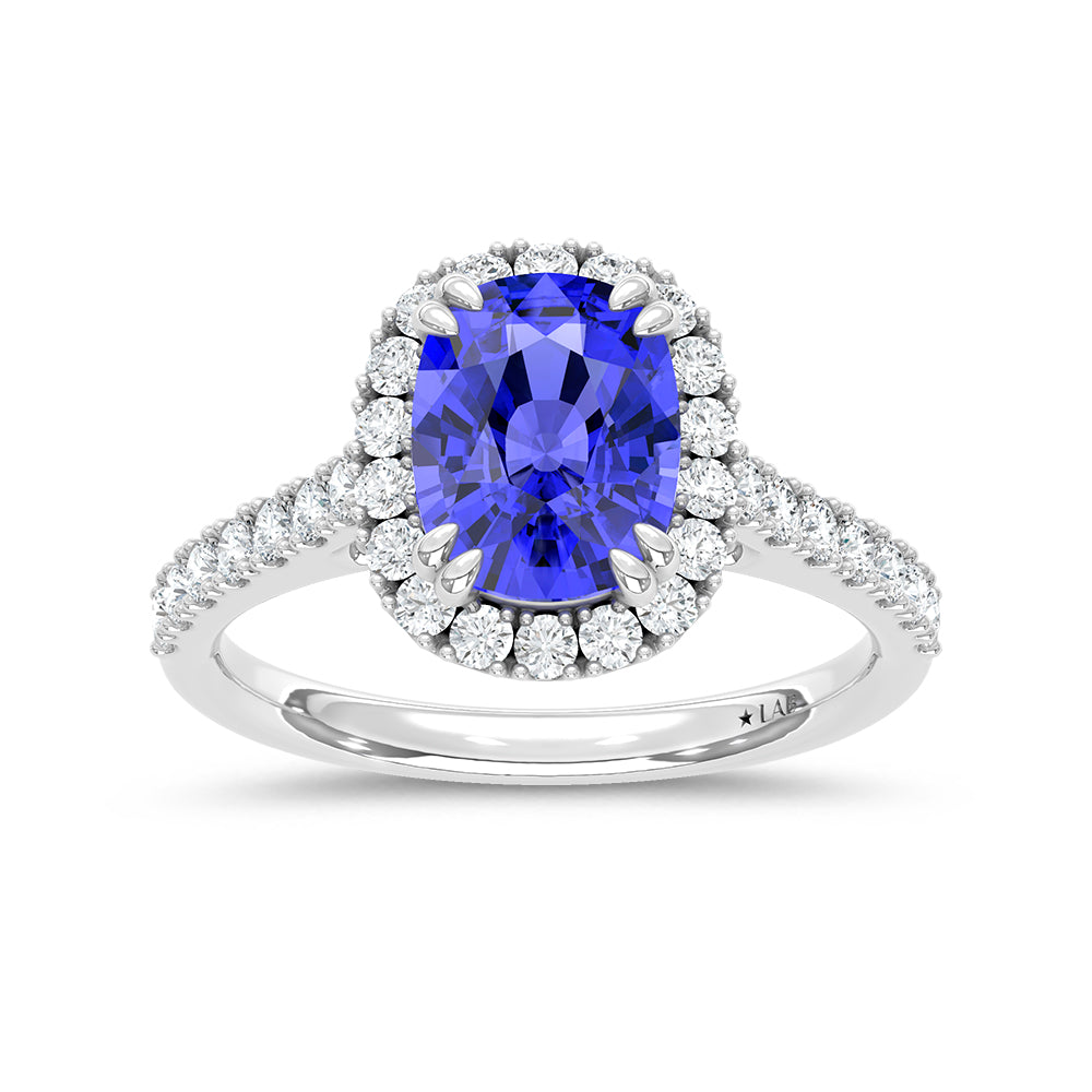 14K White Gold Lab Grown Diamond 3 5/8 CT Cushion Shape Recrystalized Blue Sapphire Engagement Ring (Center 3 ct)