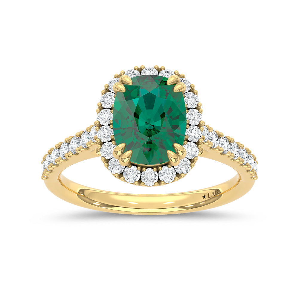 14K Yellow Gold Lab Grown Diamond 2 5/8 CT Cushion Shape Recrystalized Emerald Engagement Ring (Center 2 ct)
