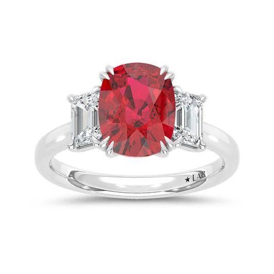 14K White Gold Lab Grown Diamond 4 CT Cushion Shape Recrystalized Ruby Engagement Ring (Center 3 ct)