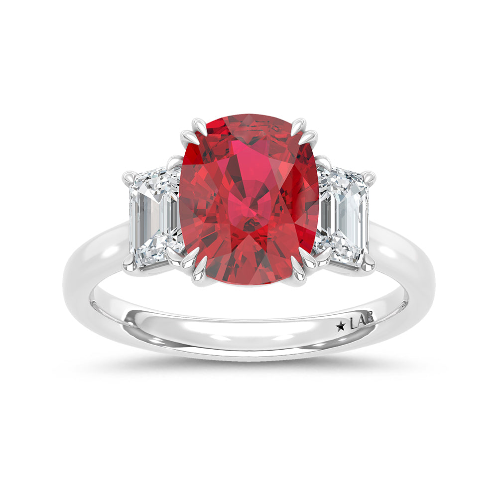 14K White Gold Lab Grown Diamond 4 CT Cushion Shape Recrystalized Ruby Engagement Ring (Center 3 ct)
