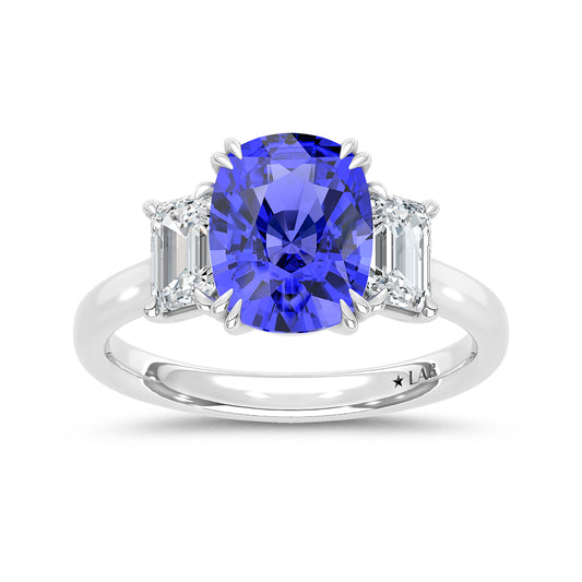 14K White Gold Lab Grown Diamond 4 CT Cushion Shape Recrystalized Blue Sapphire Engagement Ring (Center 3 ct)