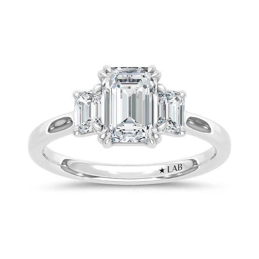 14K White Gold Lab Grown Diamond 2 CT Emerald Cut Three Stone Engagement Ring