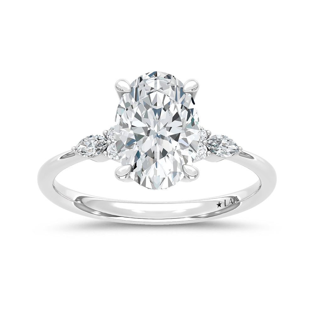 14K White Gold Lab Grown Marquise and Round Diamond 2 1/10 CT Engagement Ring With Oval Center
