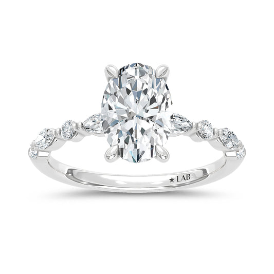 14K White Gold Lab Grown Marquise and Round Diamond 2 1/3 CT Engagement Ring With Oval Center