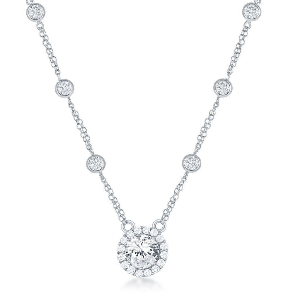 Sterling Silver CZ By The Yard, & center Round CZ Necklace