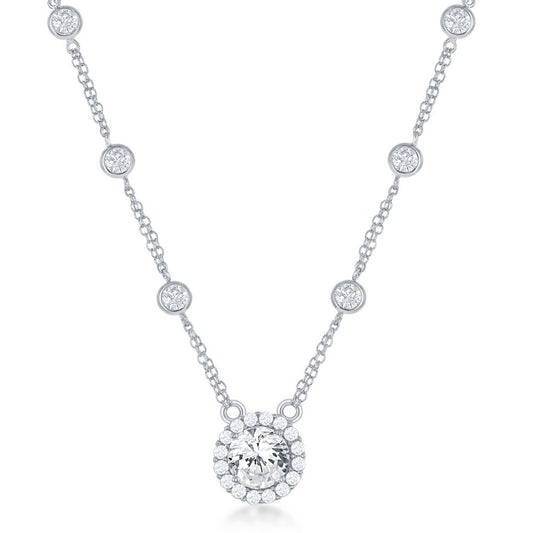Sterling Silver CZ By The Yard, & center Round CZ Necklace