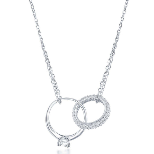 Sterling Silver Interlocking Engament Ring & Micro Pave Band Necklace