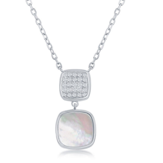 Sterling Silver Micro Pave and Mother of Pearl Double Sqaure Necklace
