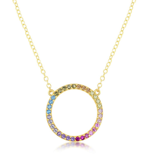 Sterling Silver, Rainbow CZ Circle of Life Necklace - Gold Plated
