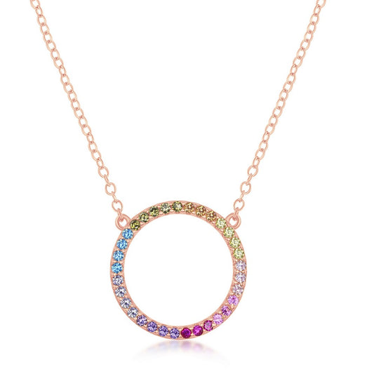 Sterling Silver, Rainbow CZ Circle of Life Necklace - Rose Gold Plated