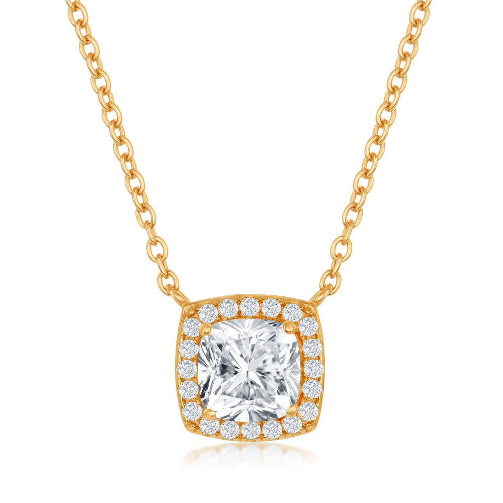 Sterling Silver, Cushion-Cut with CZ Border Necklace - Gold Plated