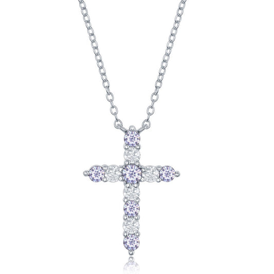 Sterling Silver, Lavender CZ 'June Birthstone' Cross Necklace
