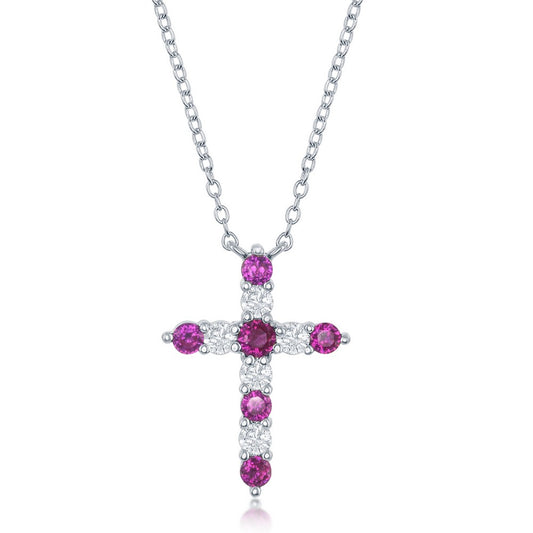 Sterling Silver, Ruby CZ 'July Birthstone' Cross Necklace