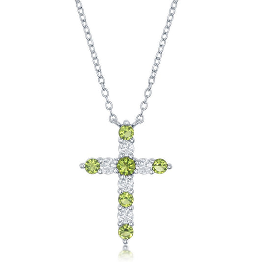 Sterling Silver, Peridot CZ 'August Birthstone' Cross Necklace