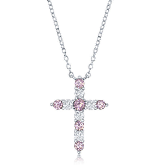 Sterling Silver, Pink CZ 'October Birthstone' Cross Necklace