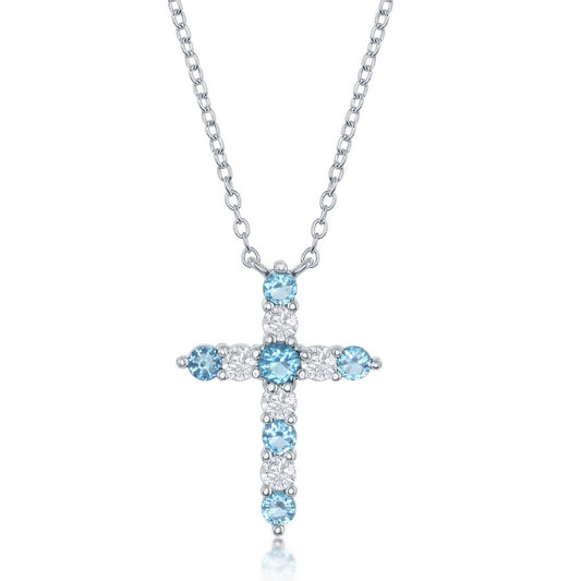 Sterling Silver, Swiss Blue CZ 'December Birthstone' Cross Necklace