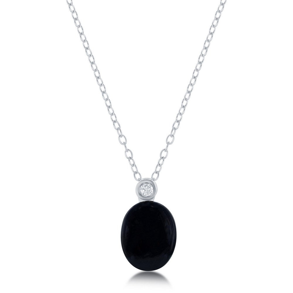 Classic Of New York sterling silver onyx necklace with elegant oval pendant and sparkling accent