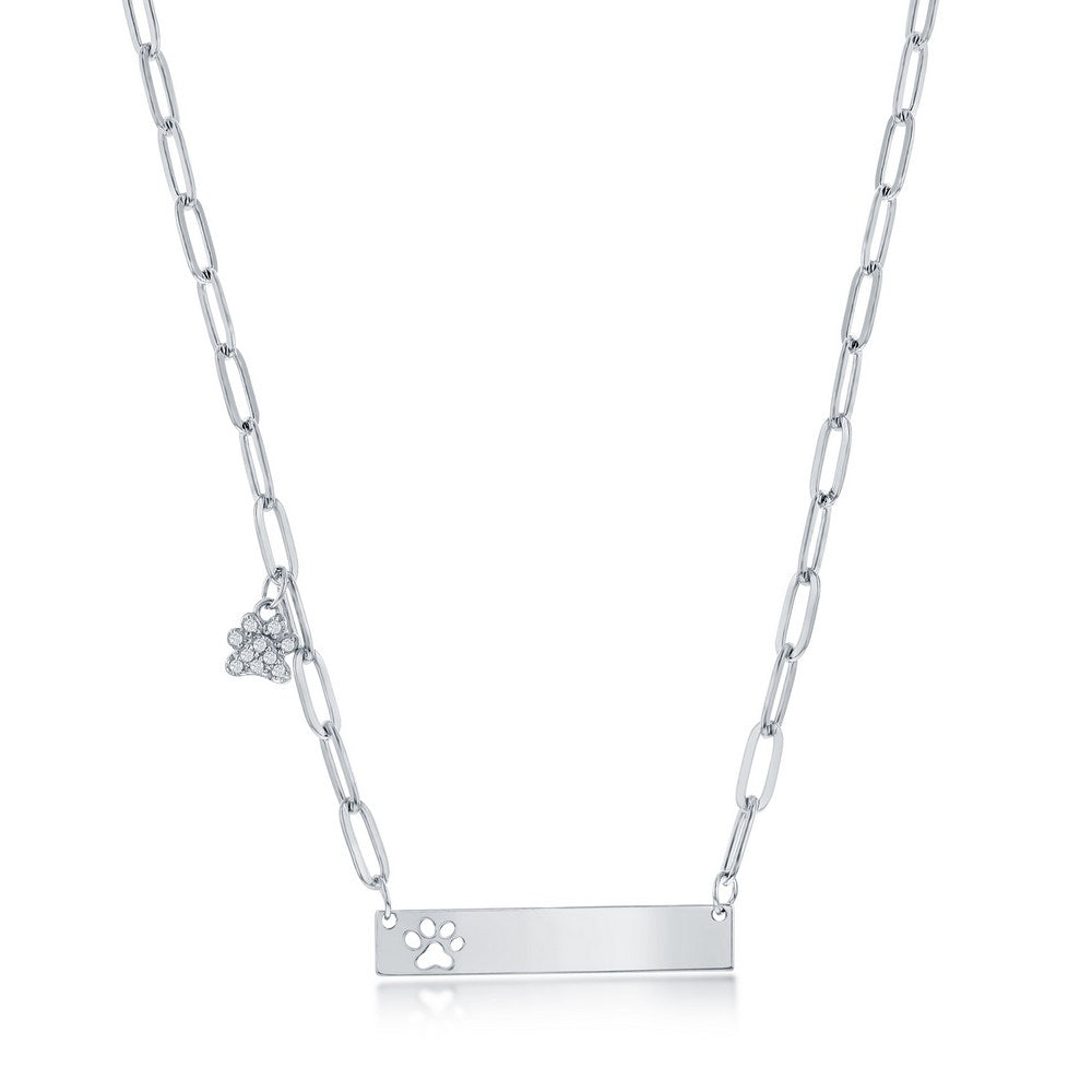 Sterling Silver, CZ Paperclip Bar Neckace - Paw Print Charm