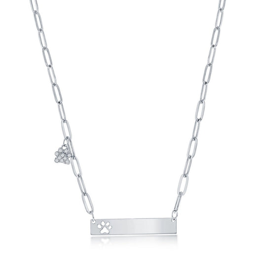 Sterling Silver, CZ Paperclip Bar Neckace - Paw Print Charm