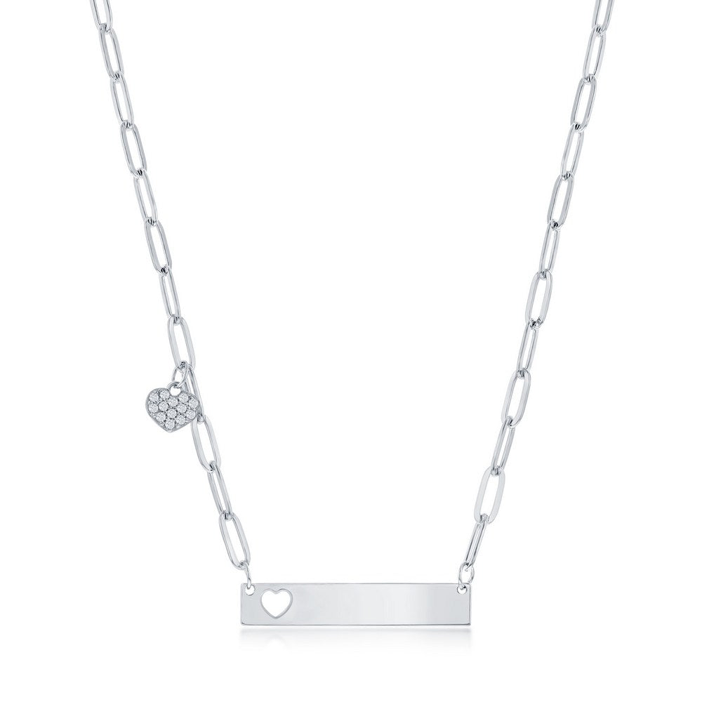 Sterling Silver, CZ Paperclip Bar Neckace - Heart Charm