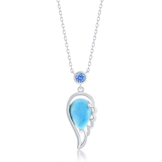 Sterling Silver, Larimar Angel Wing & Aqua CZ Necklace