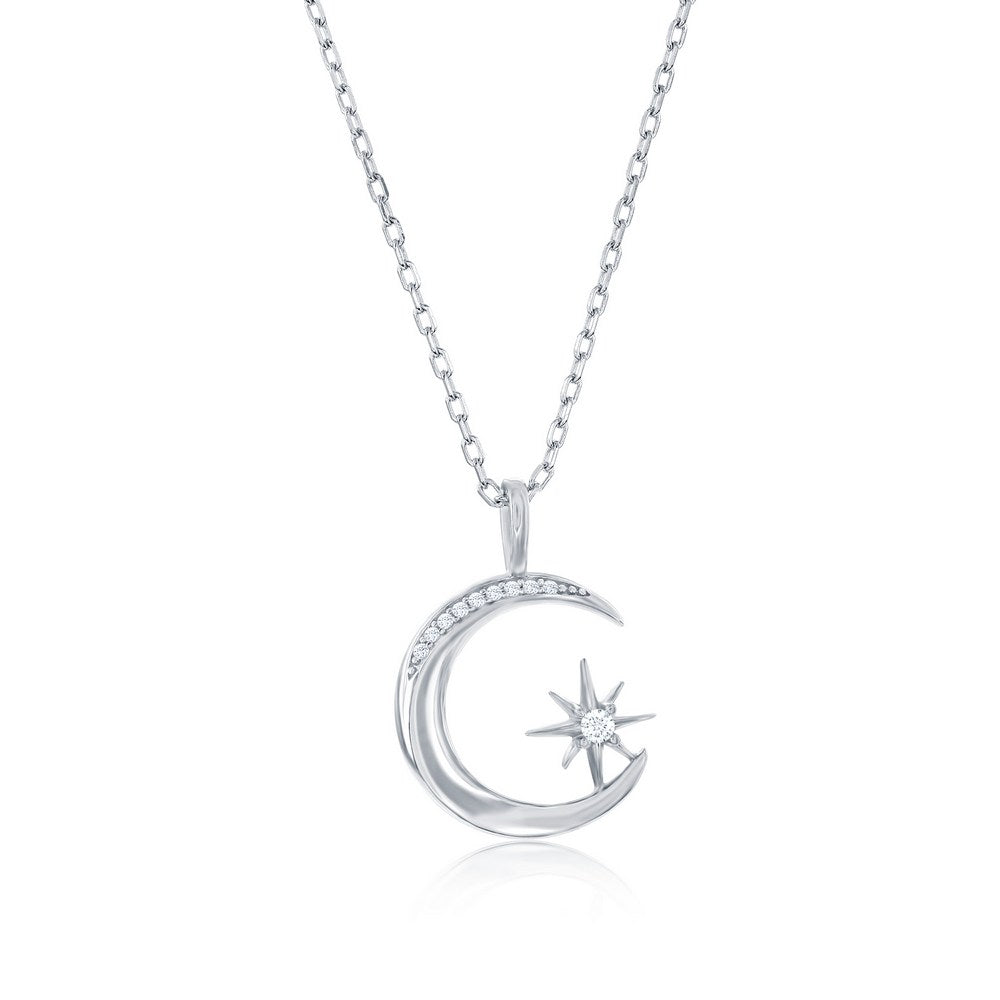 Sterling Silver, Crescent Moon & North Star CZ Necklace