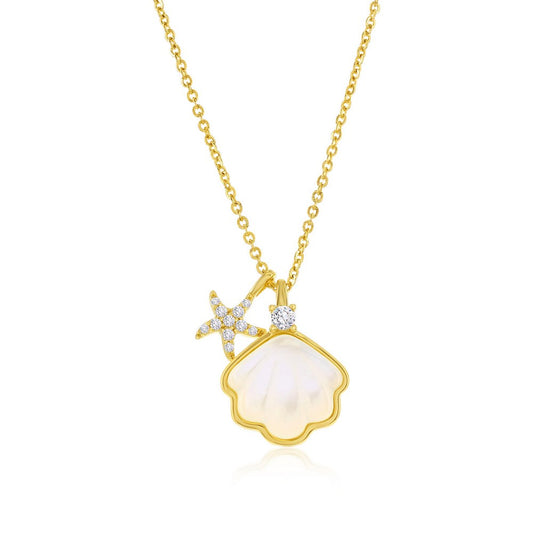 Sterling Silver, MOP Seashell & CZ Starfish Necklace - Gold Plated