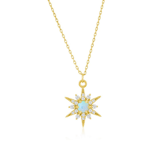 Sterling Silver, White Opal Sunburst CZ Necklace - Gold Plated