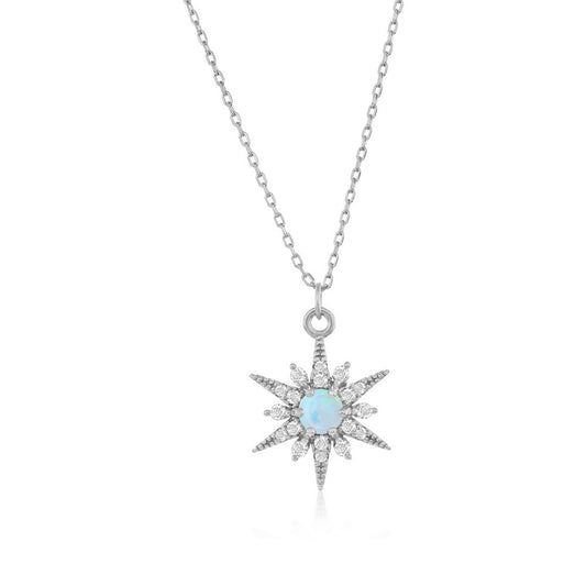 Sterling Silver, White Opal Sunburst CZ Necklace