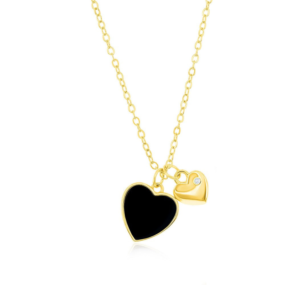 Sterling Silver, Onyx & Heart CZ Necklace - Gold Plated