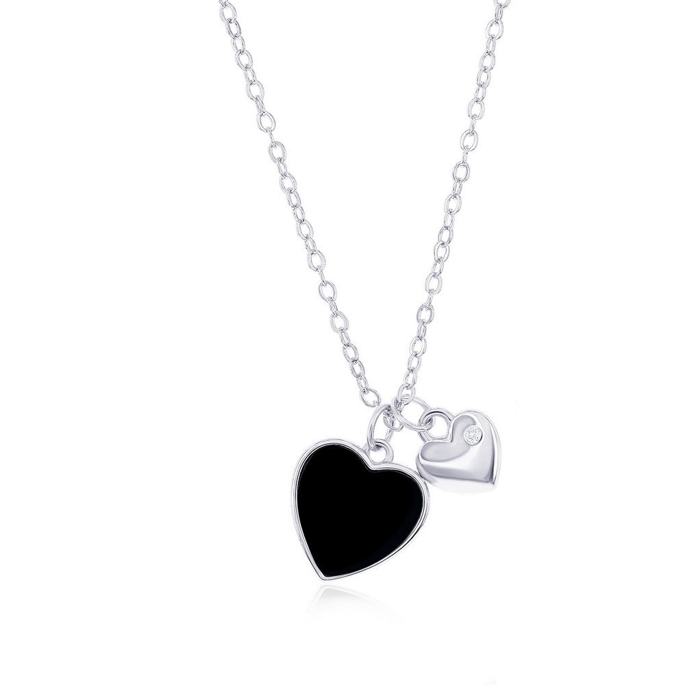 Sterling Silver, Onyx & Heart CZ Necklace