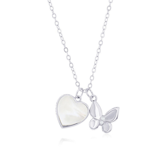 Sterling Silver, MOP Heart w/ CZ Butterfly Necklace