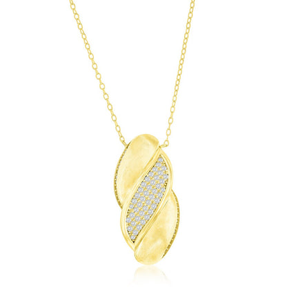 Sterling Silver Brushed & CZ Wave Design Necklace - Gold Plated