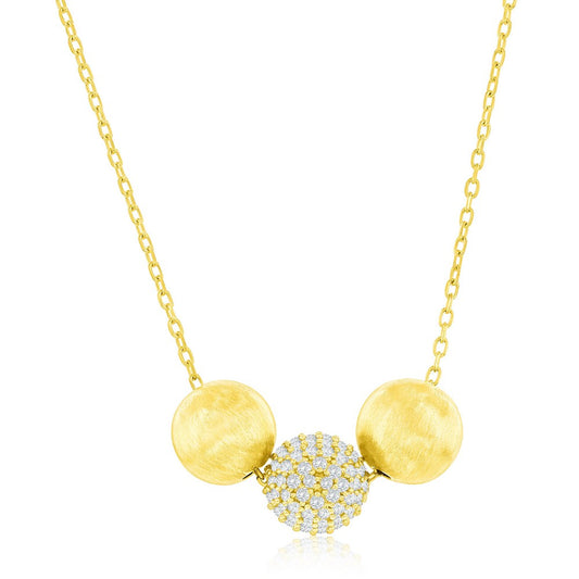 Sterling Silver, Triple Bead, Matte & CZ Necklace - Gold Plated