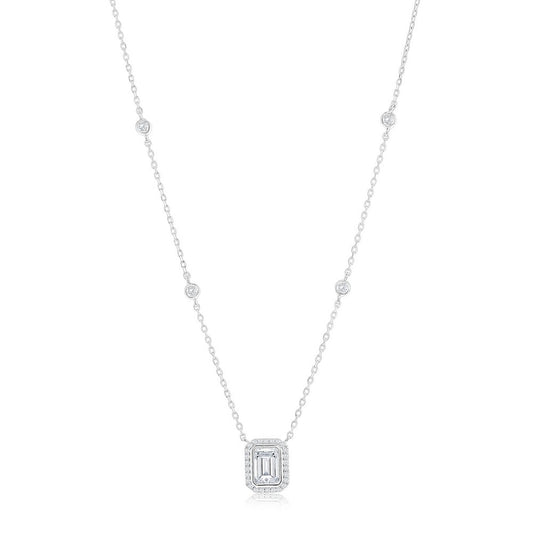 Sterling Silver Rectangle Baguette & Round Bezel-Set CZ Necklace