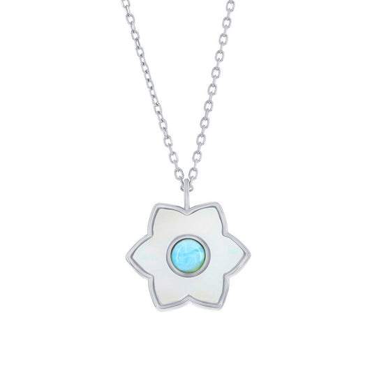Sterling Silver, Larimar & MOP Flower Necklace