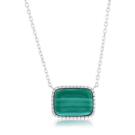 Sterling Silver, Rectangle Designed Necklace - Malachite